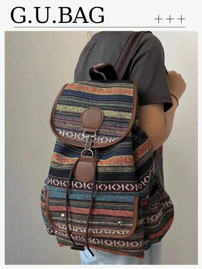 1 PcRetro,High Capacity,Drawstring,Backpack School Bag Women Bags Women Backpack Men Bags,Color Block Paisley,Lightweight,With Metal Decor,For Autumn And Winter,For Women Office Ladies,Chic Girls Teen Girls,For College Students University,For Outdoors Travel