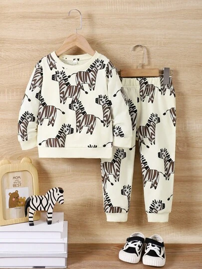 年轻男孩卡通斑马印花两件套针织休闲套装