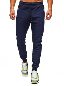 3 Pcs Men's Jogger Sweatpants With Zipped Pockets Drawstring Regular Fit Sweatpants For Running Gym Workout - 海軍藍+深灰+淺灰 - 查看 2