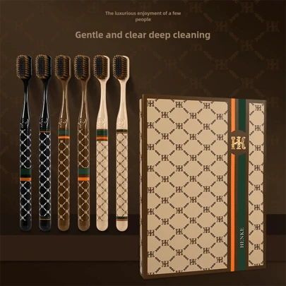 [1 Box/6pcs] Best Selling Luxury Couples Toothbrushes, Soft Adult Wide Head Bristles, Portable Printed Handle Home Bathroom Decor Fall Decor Back To School