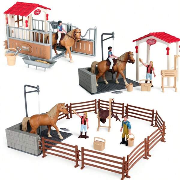 Juego de juguetes de granja de Navidad para decoración, incluye establo, muñecas, caballos, jinete y cercado de establo. Conjunto de juego de equitación y animales como regalo de Navidad para niños y niñas