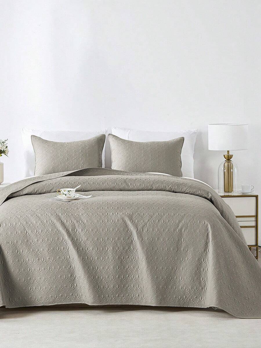 Solid Color Thin Quilt Set Of 3 Pieces, Ultrasonic Embossed Pattern, Tight Texture, Soft, Comfortable And Warm Bedding Set, (1 Quilt + 2 Pillowcases) Suitable For Your Bedroom And Guest Room Decoration. - Màu Xám nhạt - Xem 1