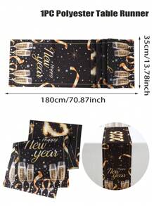 1pc 2025 New Year's Eve Table Runner, Polyester Black Gold Happy New Year Table Cover, Black Gold Champagne 2025 Happy New Year Party Kitchen Decorations Background Table Runner, Black Gold Home Decor Table Decor Party Tablecloth Supplies, New Year Gifts