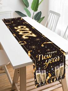 1pc 2025 New Year's Eve Table Runner, Polyester Black Gold Happy New Year Table Cover, Black Gold Champagne 2025 Happy New Year Party Kitchen Decorations Background Table Runner, Black Gold Home Decor Table Decor Party Tablecloth Supplies, New Year Gifts