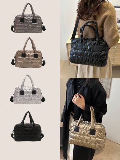 1 件时尚休闲运动风秋冬新品厚实柔软纯色可折叠拉链款式女士手提包单肩包度假休闲购物街头时尚