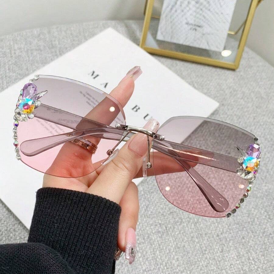 1pc Women's Oversized Glasses With Full Frame, Fashion Rhinestone Decoration And Gradient With Multicolor Design Decorative Glasses Shades Beach Accessories