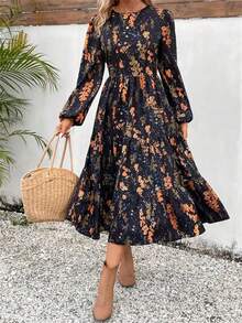 Floral Print Round Neck Dress, Elegant Long Sleeve A-Line Dress, Spring/Autumn, Plus Size Women - Multicolor - View 3
