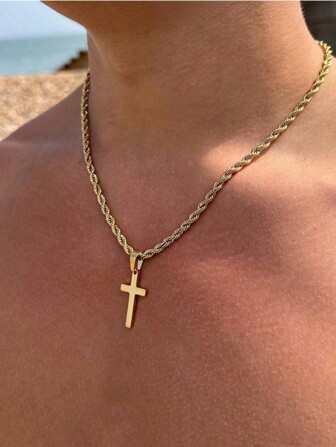 1pc Cross Necklace For Men Boys, Silver Gold Rope Chain Cross Pendant, Waterproof And Non Fading, Fashionable Jewelry Gift For Family, Dad, Brothers And Friends, Perfect Christmas Jewelry Gift