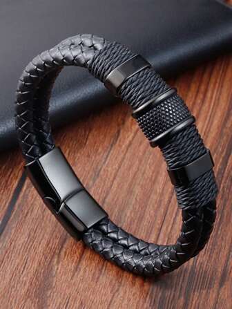 1Pc Fashionable Simple Double Layer Woven Men's Pu Leather Bracelet With Magnetic Clasp, Men's Jewelry Christmas New Year Valentine's Day Holiday Gift