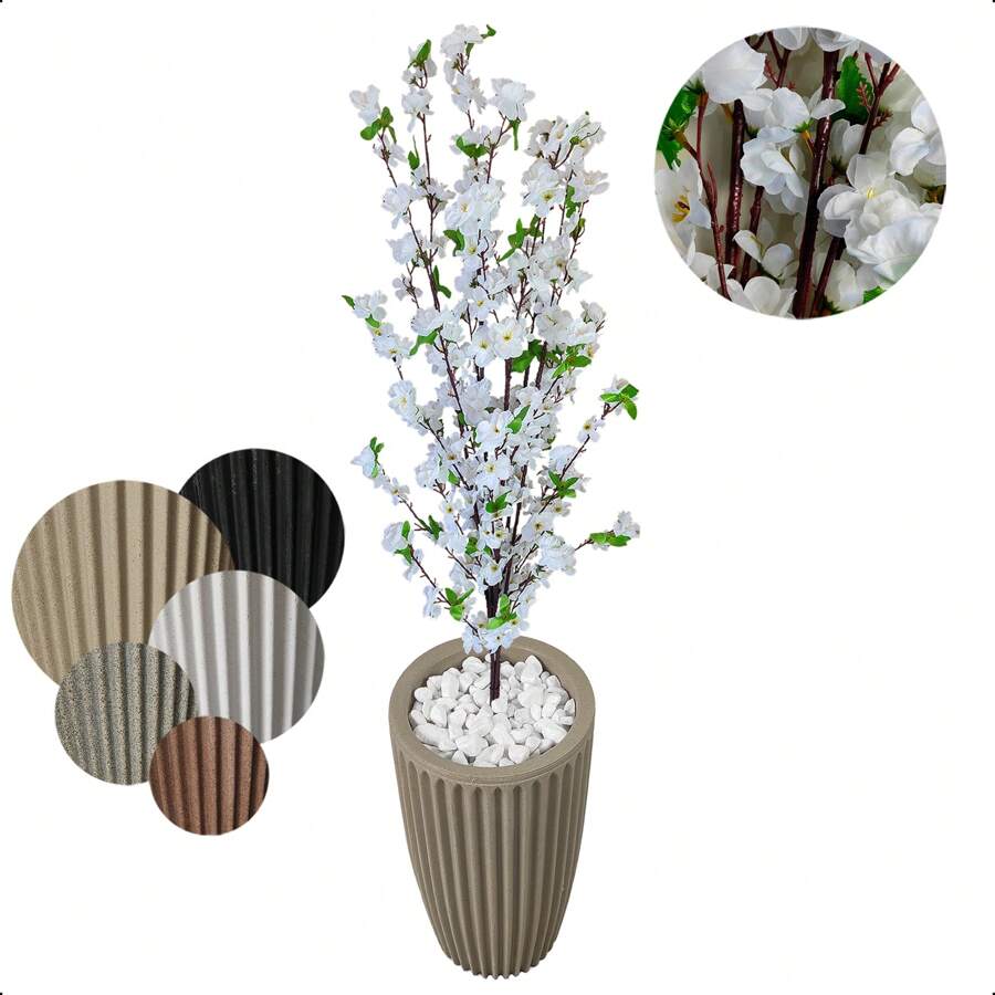 Little Lie Flower White Cherry Tree Artificial Flowers With Vase Column Decoration - 米色 - 查看 1