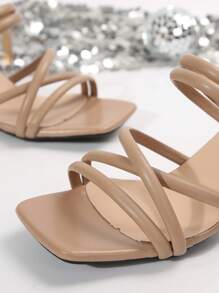 女士法式仙女凉鞋，新款粗带细带优雅系带高跟凉鞋，夏季 - 杏色 - 查看 8