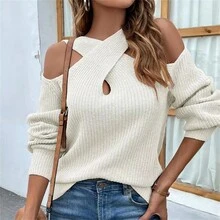 Ladies' Spring And Autumn New Solid Color Shoulder Cross Hanging Neck Lantern Sleeve Knitted Sweater - 白色 - 查看 2