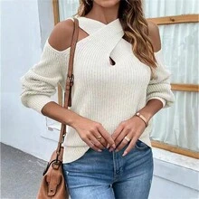 Ladies' Spring And Autumn New Solid Color Shoulder Cross Hanging Neck Lantern Sleeve Knitted Sweater - 白色 - 查看 1