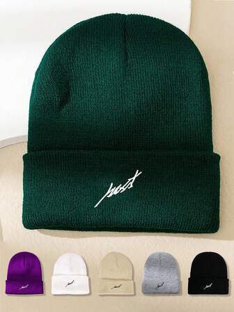 1pc Embroidered "JUST" Knit Beanie, Thick Warm Knit Hat Unisex For Men & Women, Outdoor Warm Beanies, Streetwear Brimless Cap, Y2K Style Winter Gear Winter Clothing