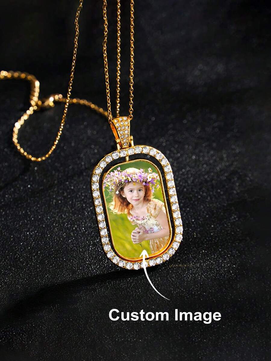 定制矩形水晶镶嵌吊坠项链，银框复古风格雕刻装饰项链，情人节送给女朋友/男朋友的礼物 - 彩色 - 查看 1