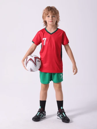 2pcs Tween Boys' Casual Numeric Print V-Neck T-Shirt And Shorts Sports Outfit