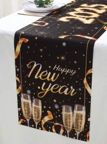 1pc 2025 New Year's Eve Table Runner, Polyester Black Gold Happy New Year Table Cover, Black Gold Champagne 2025 Happy New Year Party Kitchen Decorations Background Table Runner, Black Gold Home Decor Table Decor Party Tablecloth Supplies, New Year Gifts