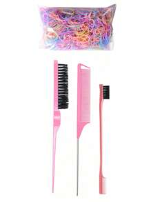 7pcs Comb Set - 1000 Hair Spray, 1pc Triple-Row Teasing Comb, Eyebrow Brush, Steel Needle Comb - Styling Tools For Girls - Pink - View 9