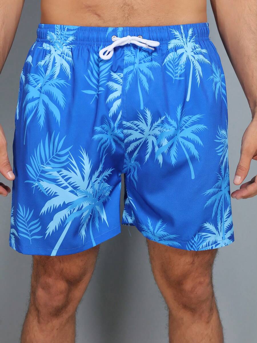 Short de praia masculinas estampadas coloridas moda com cordao com bolso - Azul - Visão 1