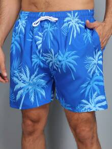 Short de praia masculinas estampadas coloridas moda com cordao com bolso - Azul - Visão 6