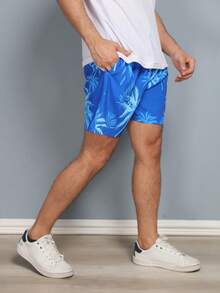 Short de praia masculinas estampadas coloridas moda com cordao com bolso - Azul - Visão 3