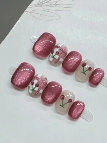 10 stuks met de hand beschilderde, mooie, doorzichtige, kersenkleurige decoratieve nagelstickers in de vorm van een kattenoog, prachtig rasterpatroon, klaar voor studenten en tentoonstellingen