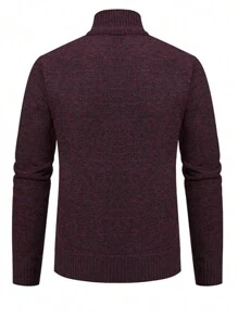 Men's Knit Zipper Neck Long Sleeve Thermal Lined Sweatshirt Jacket, Warm For Winter - Burgundy - View 5