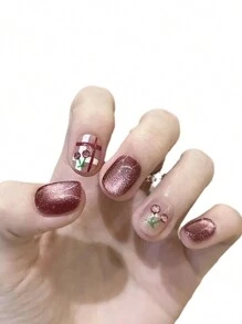 10 stuks met de hand beschilderde, mooie, doorzichtige, kersenkleurige decoratieve nagelstickers in de vorm van een kattenoog, prachtig rasterpatroon, klaar voor studenten en tentoonstellingen
