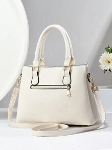 大容量时尚百搭印花设计 3 口袋女士手提包，优雅高端单肩包，热门社交媒体模特 - 米色 - 查看 3