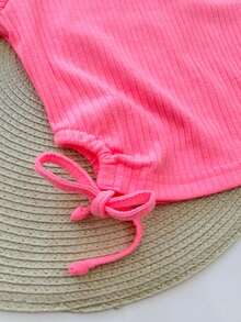 Children's Blouse T-Shirt Blouse Ribbed Knit Pink Black Poly - 粉色 - 查看 3
