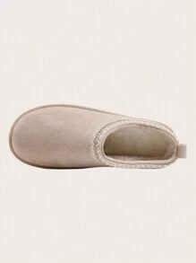 Women's Fashionable Striped Slip-On Low-Top Warm Lined Short Snow Boots, Casual Winter Beige Waterproof Rubber Outsole Snow Shoes