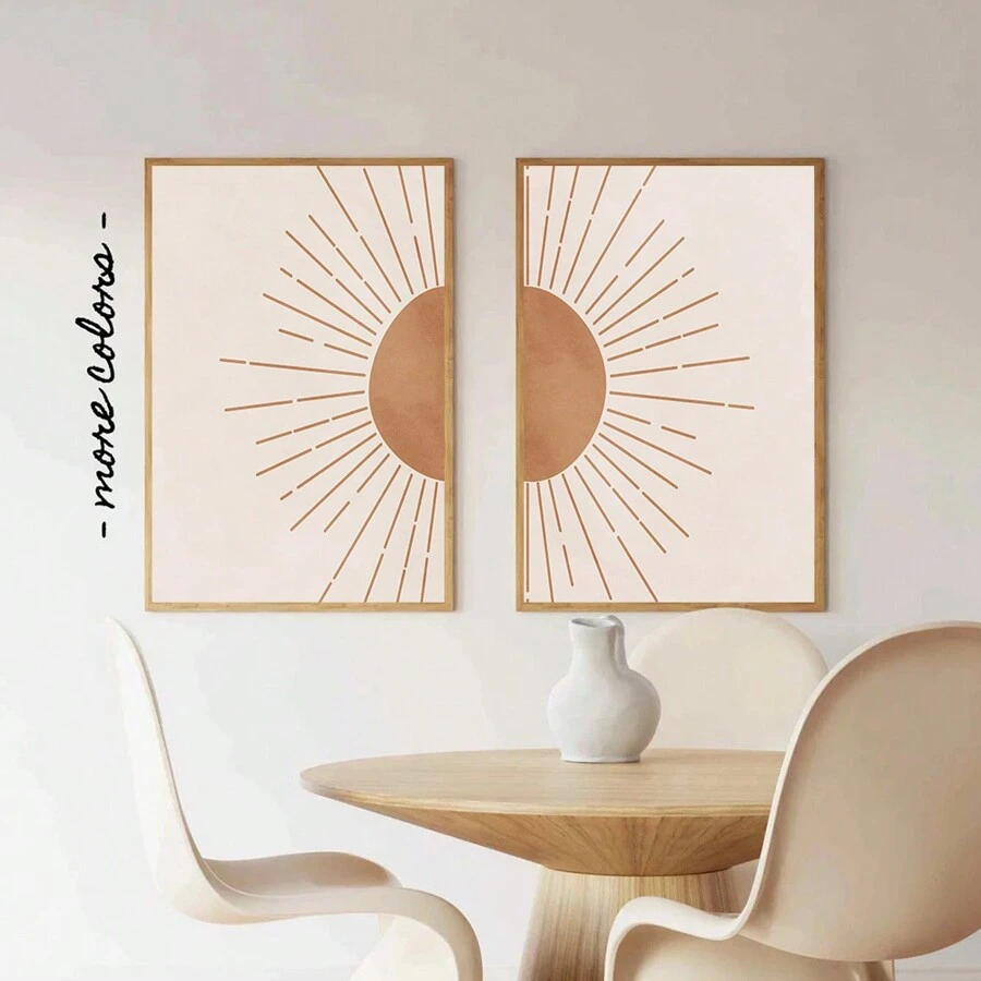 波西米亚太阳印刷品套装，2 件套，抽象日出艺术印刷品，中世纪现代墙面艺术，复古日落墙面艺术装饰，可打印波西米亚海报，无框 - 黑色 - 查看 1