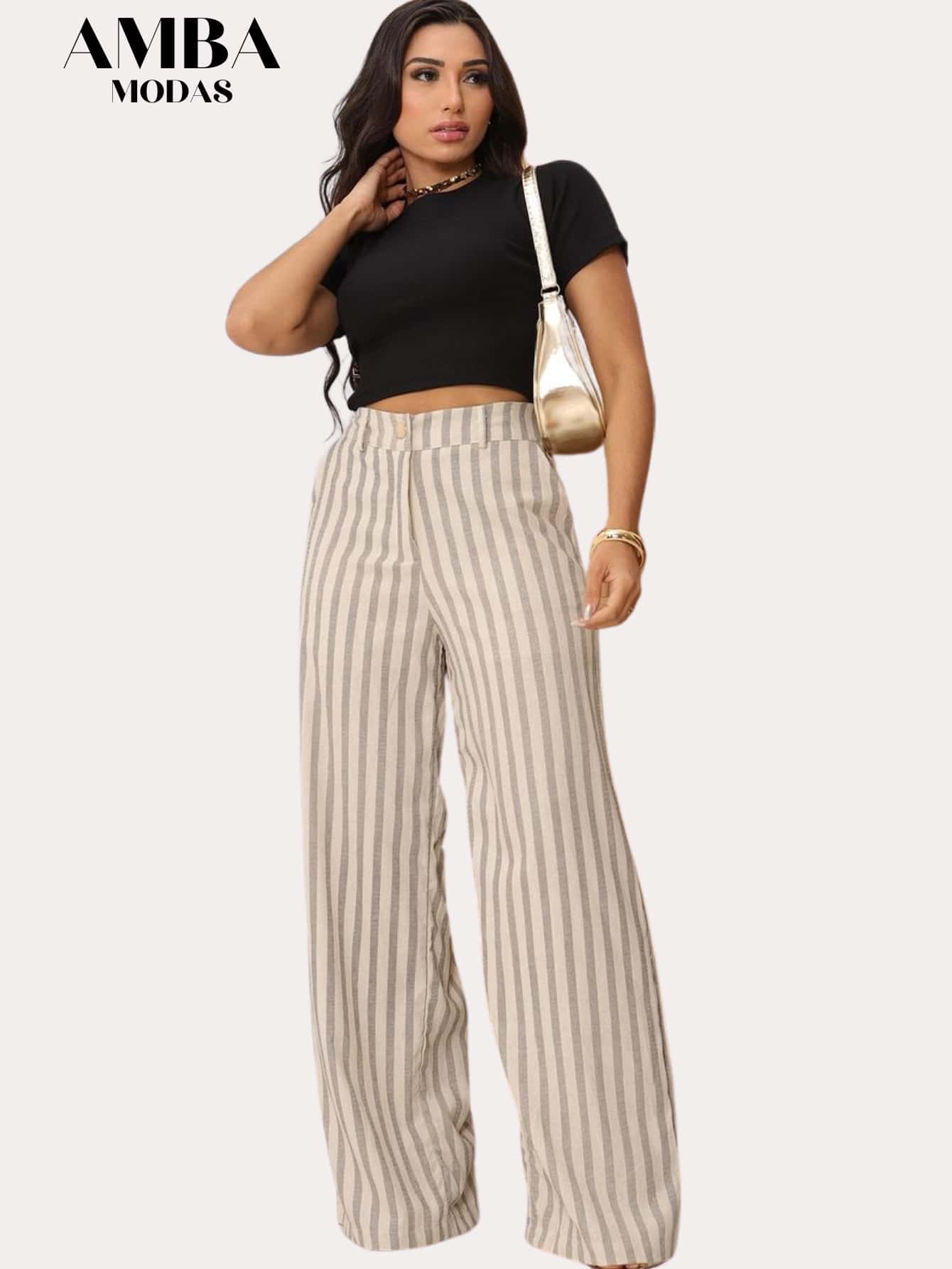 Casual Executive Striped Wide Leg Pants - 黑色 - 查看 1