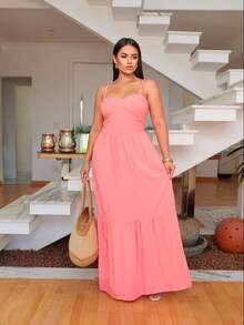 Lary Viscolinho Long Dress With Thin Straps Casual Fashion Spring Summer - 乾枯玫瑰色 - 查看 1