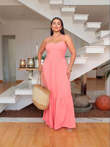 Lary Viscolinho Long Dress With Thin Straps Casual Fashion Spring Summer - 乾枯玫瑰色 - 查看 3