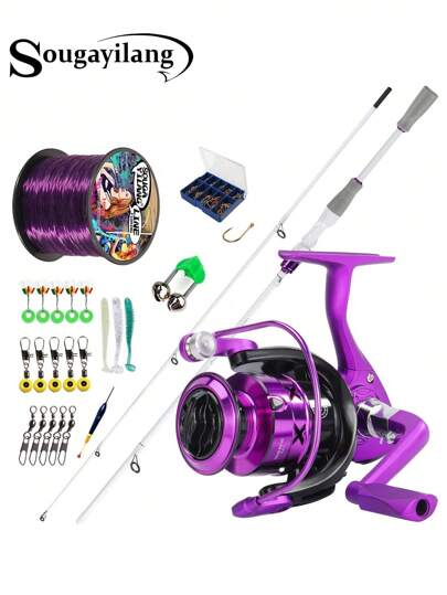 SOUGAYILANG 1Pc Fishing Combo 2Sections 5-10LBS Spinning Fishing Rod And Aluminum Spool Spinning Fishing Reel 1000-2000 Series Interchangeble Left/Right Handle Fishing Set