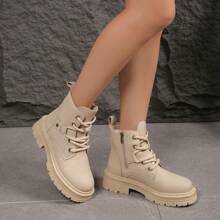 Women's Solid Color Platform Vintage Boots, Casual Daily Wear - Beige - View 2