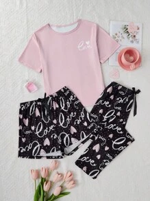 3-teiliges Pyjama-Set mit Buchstaben-, Herz- und Punktdruck, Rundhals-Kurzarmshirt + Shorts mit elastischem Bund + lässige Hose, bequeme Nachtwäsche, Damen Pyjama- und Loungewear-Set