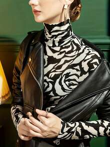 Spring Autumn New High Collar Lace Undershirt Women Slim Fit Floral Print Long Sleeve Fashionable T-Shirt Lace Blouse - Black and White - View 2