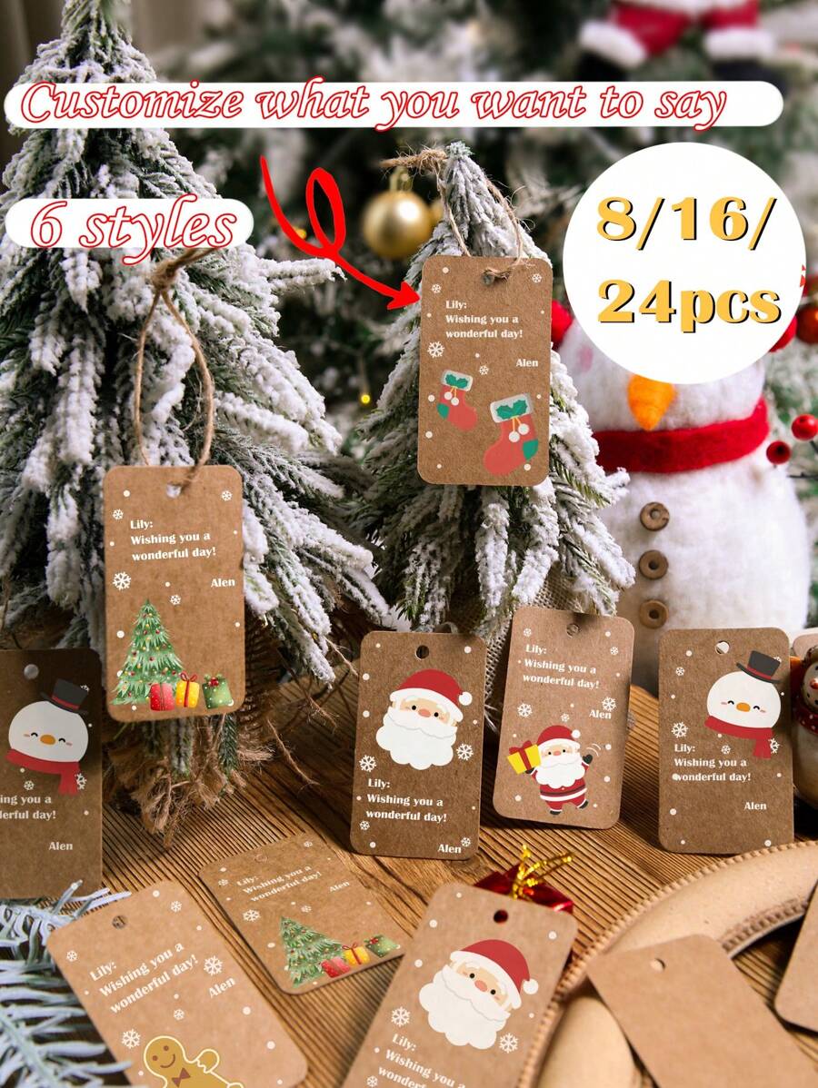 8/16/24pcs Christmas Cute Hats, Santa Claus, Snowman, Christmas Tree, Christmas Socks Series Cute Pendants, Gift Envelope Pendants, Christmas Tree Pendants Customized Text, Car Pendants, Christmas Tree Pendants - Multicolor - View 1