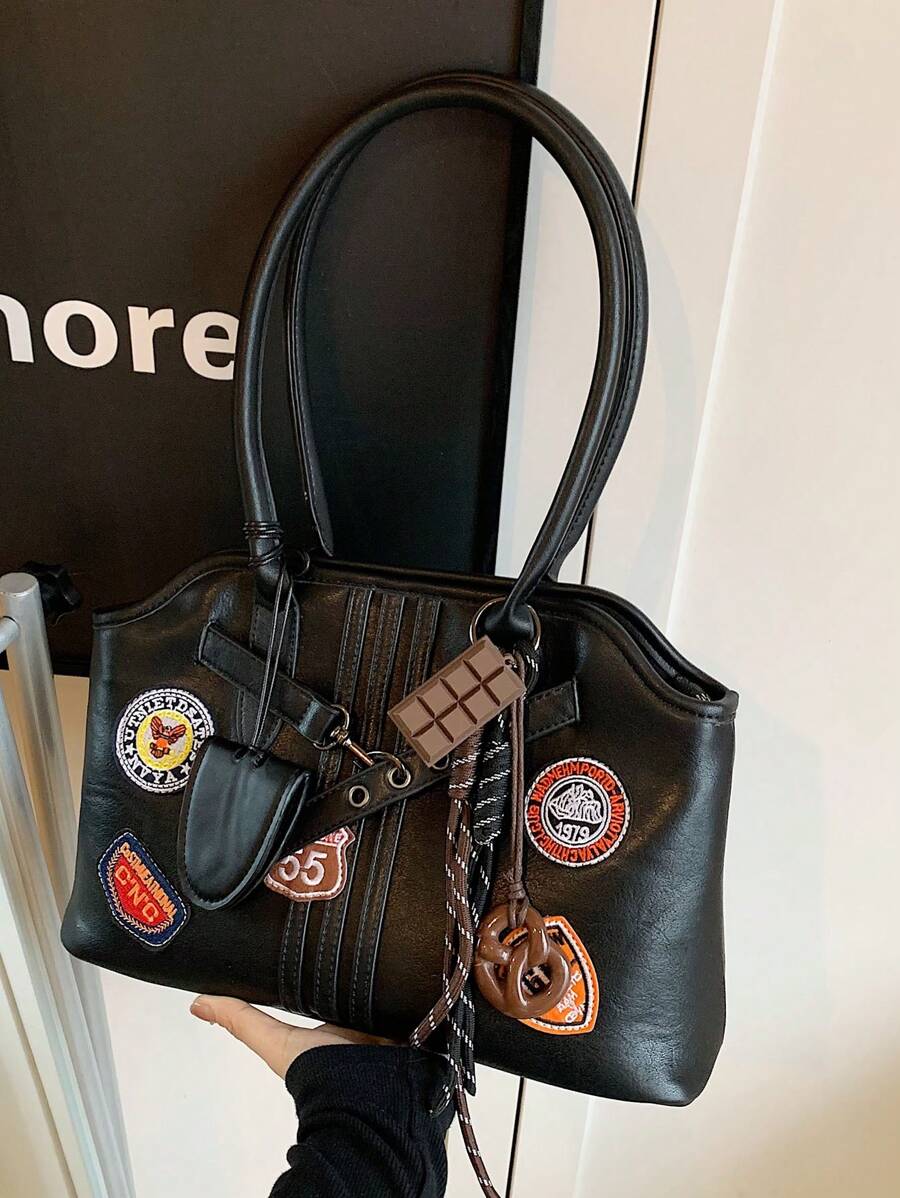 low tea 1 chiếc túi đeo vai bằng da PU màu trơn dành cho nữ, túi đeo vai thời trang cổ điển thường ngày có quai xách đôi và khóa kéo, thích hợp cho các buổi đi chơi hàng ngày, hẹn hò, đi làm, có kèm mặt dây chuyền