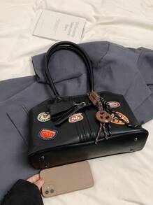 low tea 1 chiếc túi đeo vai bằng da PU màu trơn dành cho nữ, túi đeo vai thời trang cổ điển thường ngày có quai xách đôi và khóa kéo, thích hợp cho các buổi đi chơi hàng ngày, hẹn hò, đi làm, có kèm mặt dây chuyền - màu đen - Xem 4