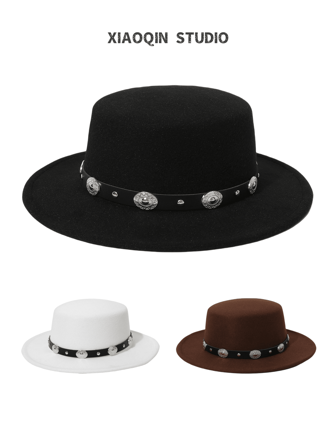 1 件女士英国复古金属扣腰带装饰圆顶平檐帽，时尚名人爵士表演时装秀婚礼派对旅行配件，百搭时尚潮流