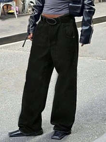 Quần áo Y2k dành cho nữ cạp trễ Quần jeans ống rộng thường ngày cổ điển giặt thẳng - màu đen - Xem 3