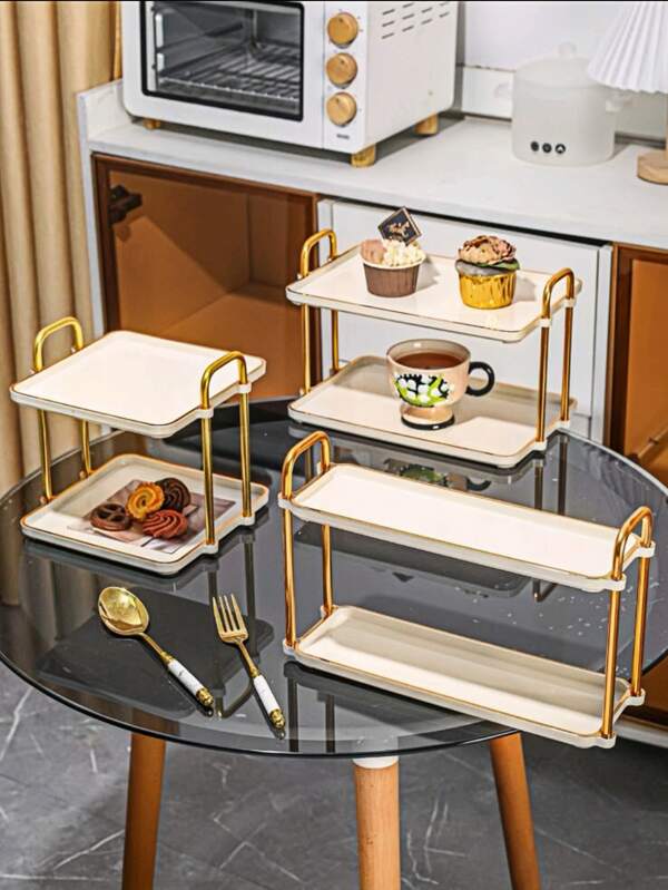 1pc Double Layer Square Serving Tray With Handle, For Wedding, Dining Table, Party, Cake, Modern Two-Tier Tray, Home Use