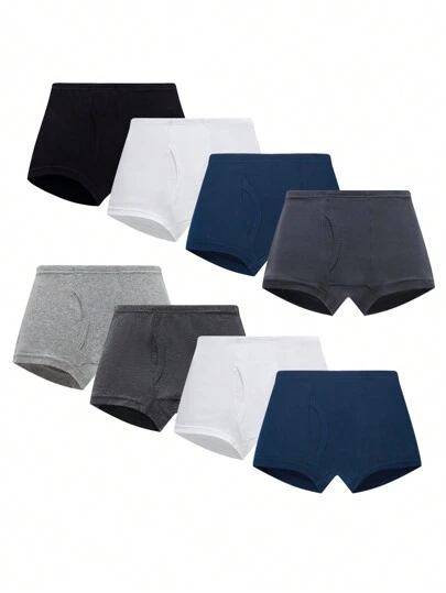8条装男童透气舒适前开口平角内裤，包含纯白色、蓝色、灰色三种颜色