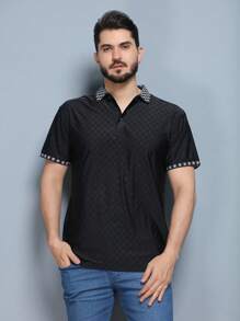Camiseta masculina de gola polo de cor sólida luxuosa de manga curta casual tecido de seda gelada com boa elasticidade, padrão xadrez mais respirável e confortável - Preto - Visão 1