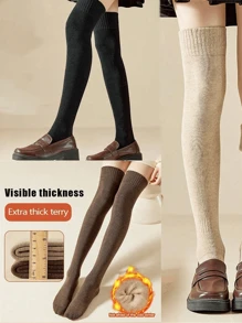 1 双女士过膝袜，加厚毛绒保暖长筒袜，适合秋冬季 - 彩色 - 查看 5