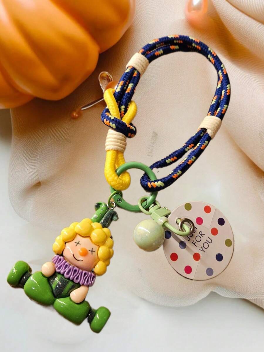 可爱卡通马戏团风格手机带腕带，编织防丢失坚固吊坠，带卡通钥匙扣 - 綠色 - 查看 1