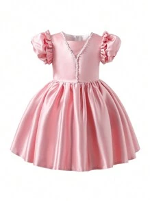 Little Girls Elegant Ruffle Pearl Embellished Princess Dress, For Wedding, Party, Birthday - Pink - View 5